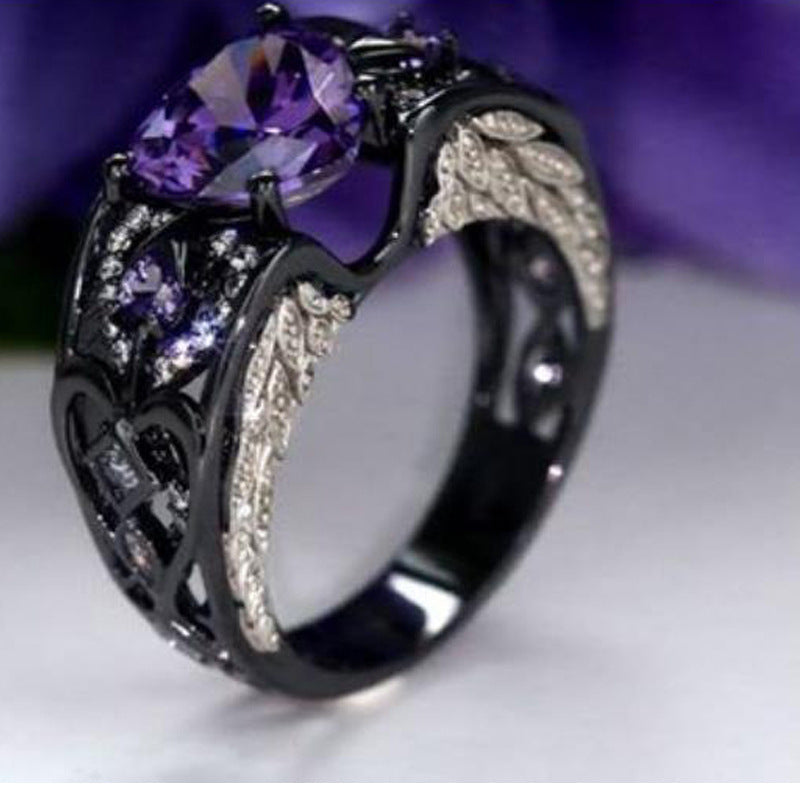 Anello da sposa Valstrend con cuore di rubino, design elegante in oro nero, diamante e forma a cuore, per proposta di matrimonio.