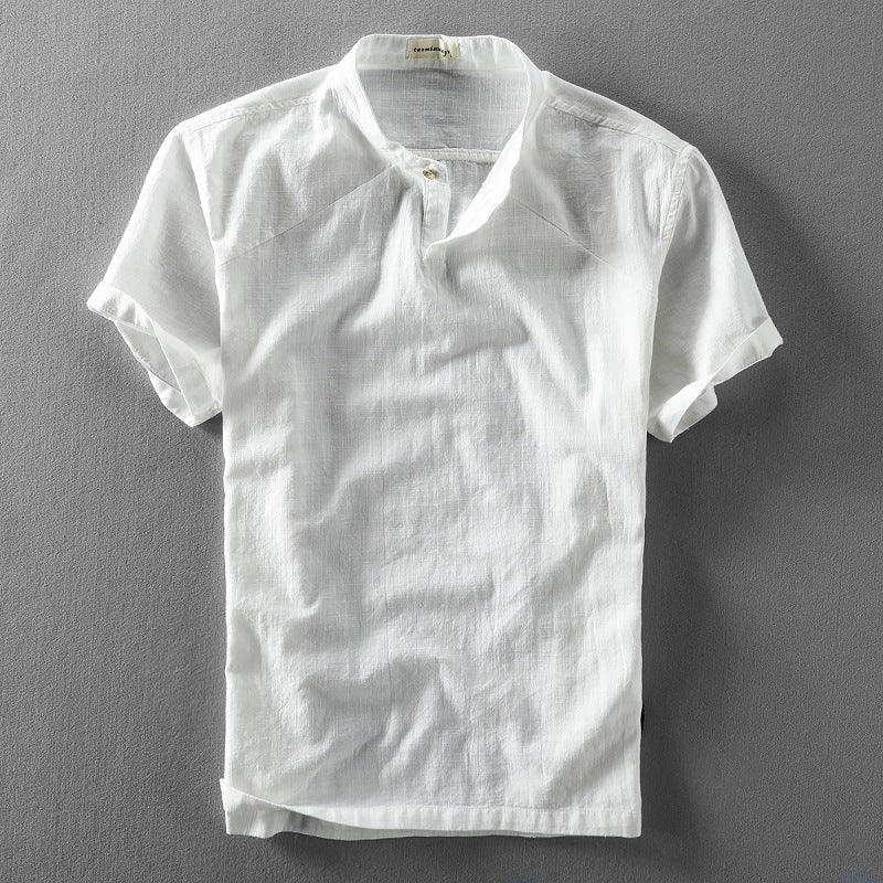 Casual Chinese Style Loose Standing Collar Cotton Linen Short Sleeved Shirt