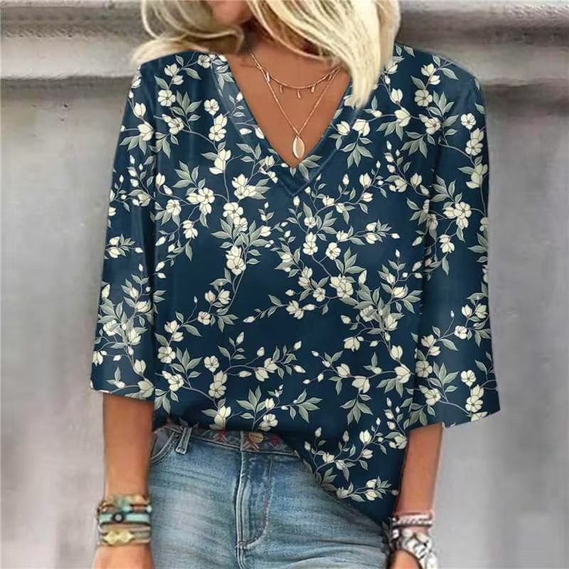 Blusa casual donna Valstrend con scollo a V, stampa colorata e vestibilità ampia, tessuto morbido e comodo.