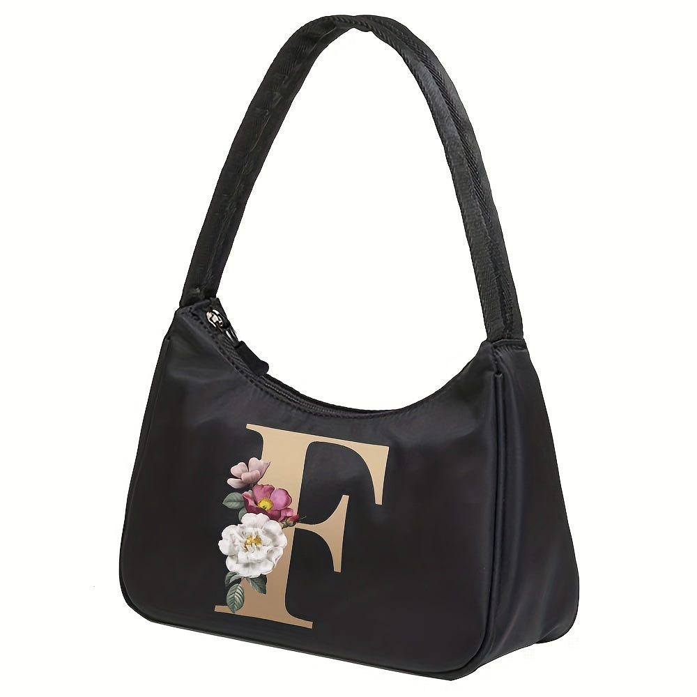 Floral Letter Print Shoulder Bag, Fashion Nylon Underarm Bag, Women's Zipper Handbag & Purse