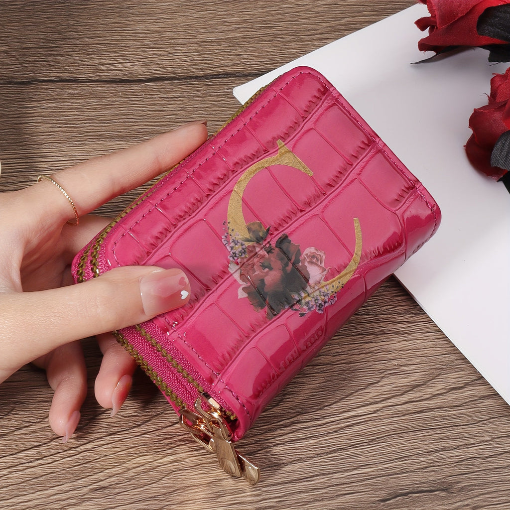 Portafoglio con pattern floreale e lettere, porta carte di credito Valstrend, con cerniera, per donne e uomini, compatto e elegante.