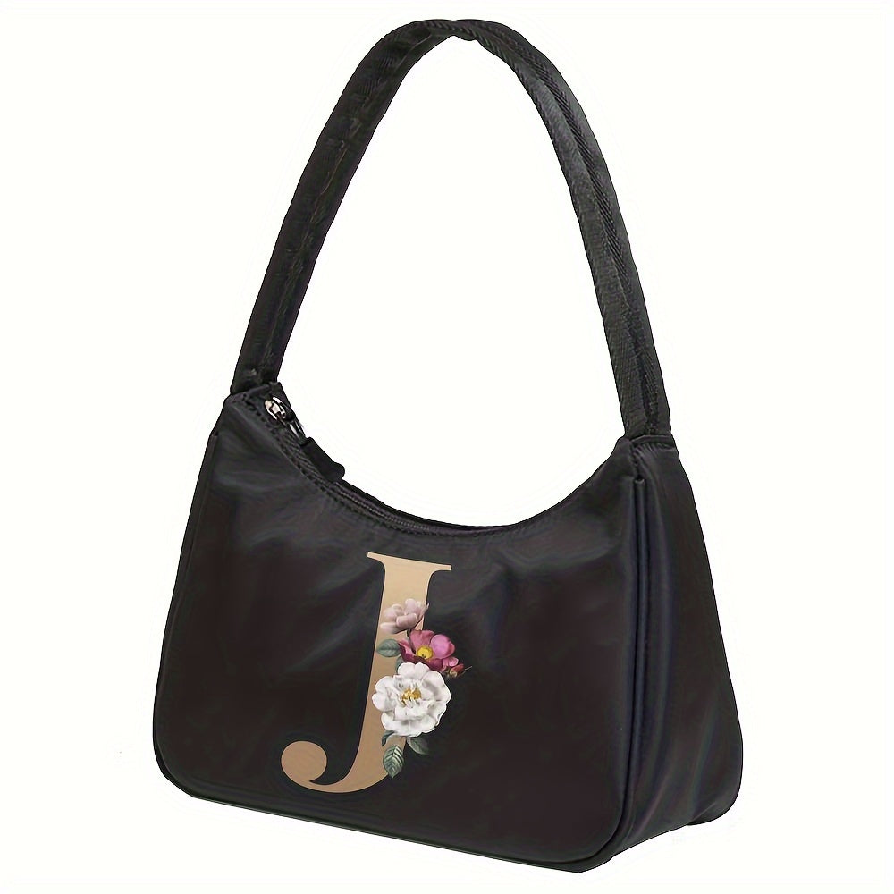 Floral Letter Print Shoulder Bag, Fashion Nylon Underarm Bag, Women's Zipper Handbag & Purse
