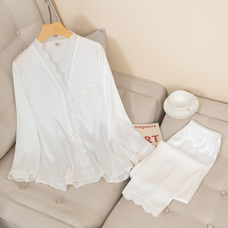 Completo pantaloni e top in seta Thin Ice Silk di Valstrend, tuta home wear a manica lunga in tessuto leggero e morbido.