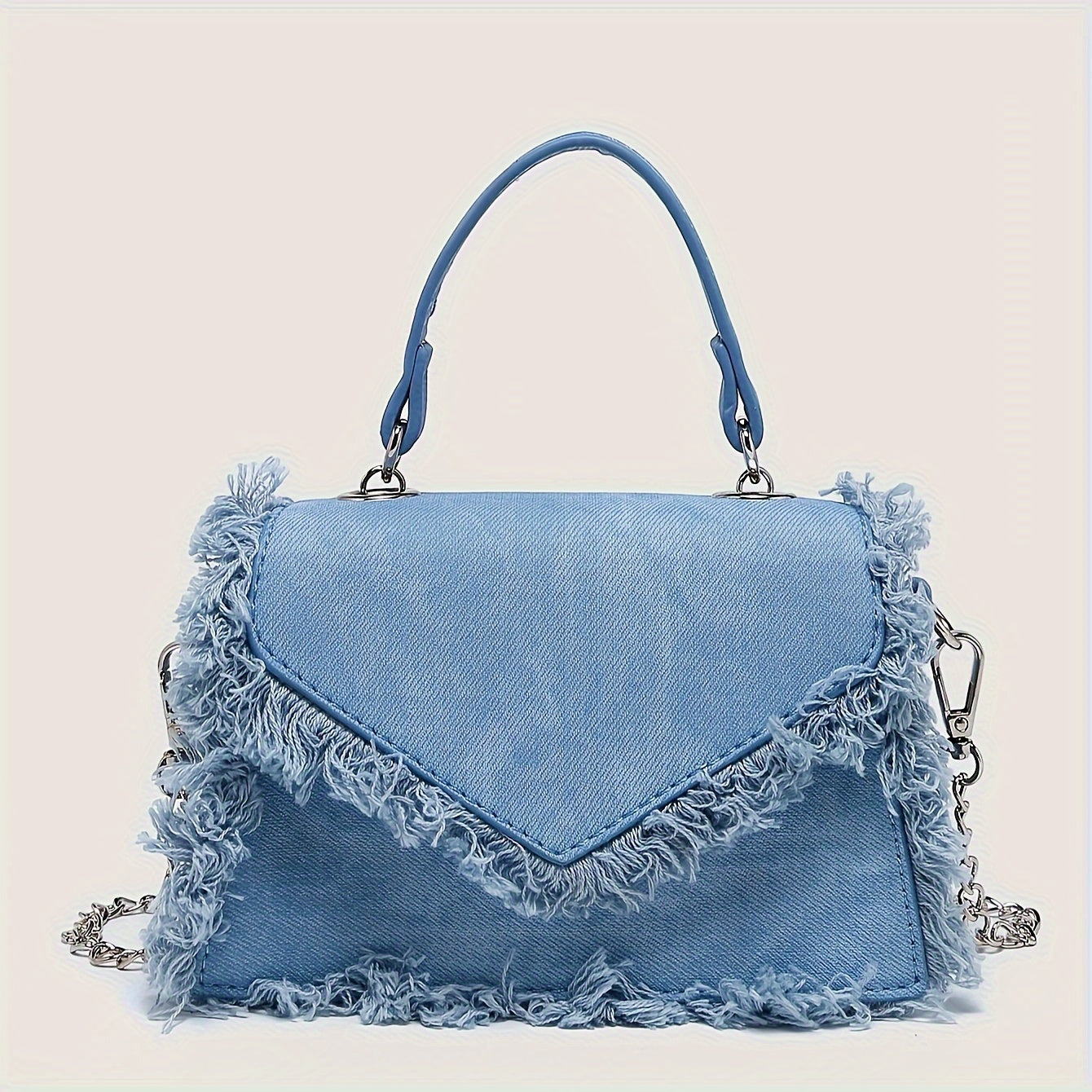 Chic Sky Blue Denim Mini Crossbody Bag with Fringe Detail - Magnetic Closure, Polyester Lined, Women's Fashion Shoulder Purse