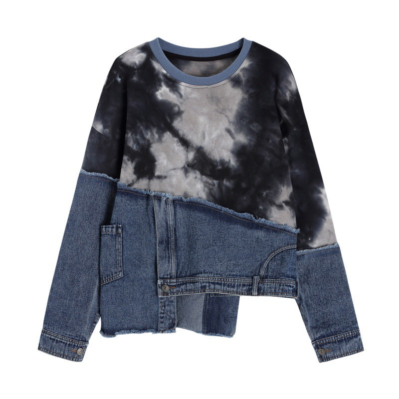 Maglione lungo in jeans color tie-dye personalizzato con cuciture morbide, maniche lunghe, marca Valstrend Shop.