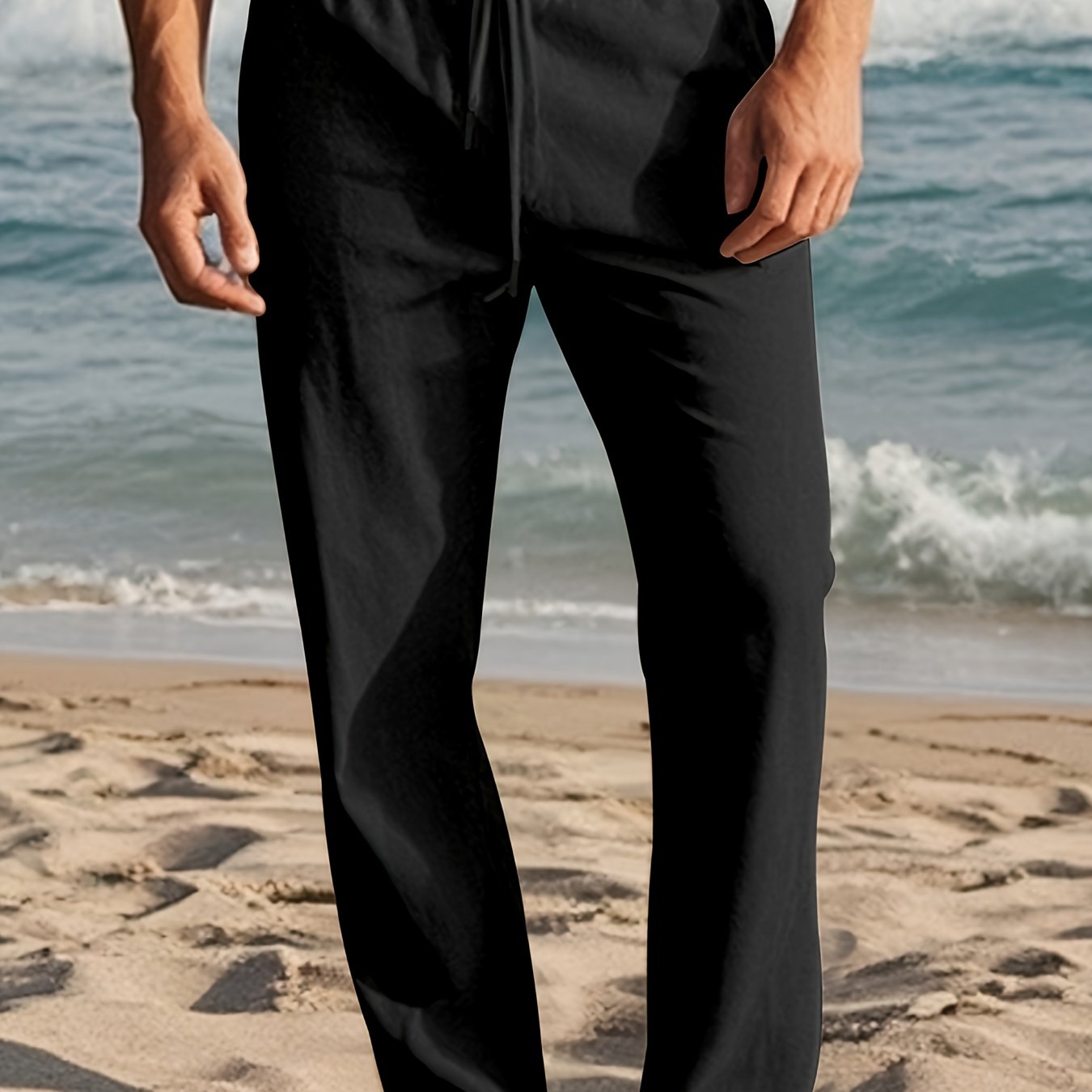 Pantaloni casual in lino con coulisse da uomo, gamba dritta, traspiranti e flessibili, colore solido per primavera e autunno.