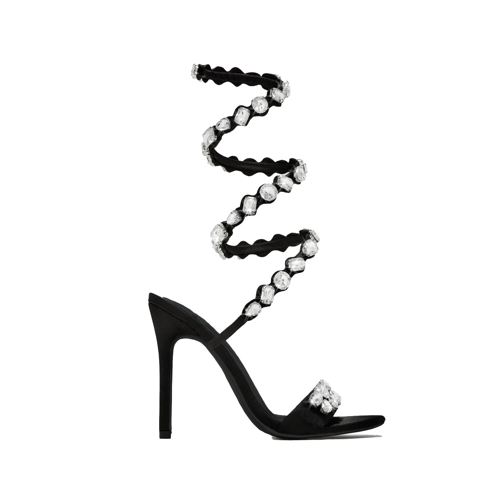 Sandali con tacco stiletto nero e oro da 11cm di Valstrend, punta rotonda, superficie in satin, decorati con strass e borchie.