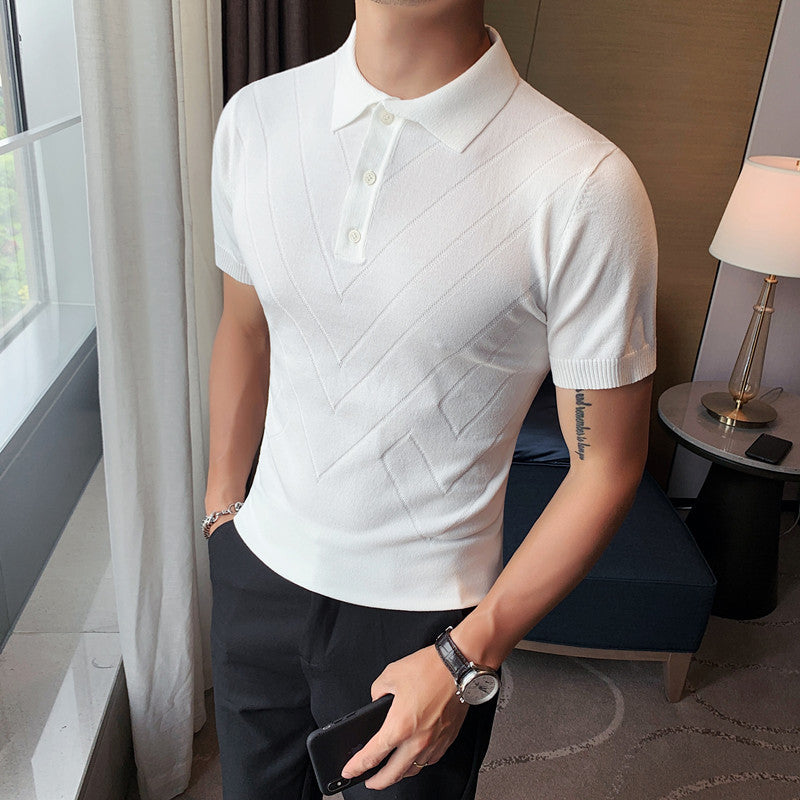 Men's Solid Color Striped Slim Lapel Polyester T-shirt