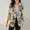 Blazer donna Valstrend in cotone e lino con stampa, maniche lunghe, tasche e chiusura con bottoni, stile vintage elegante.