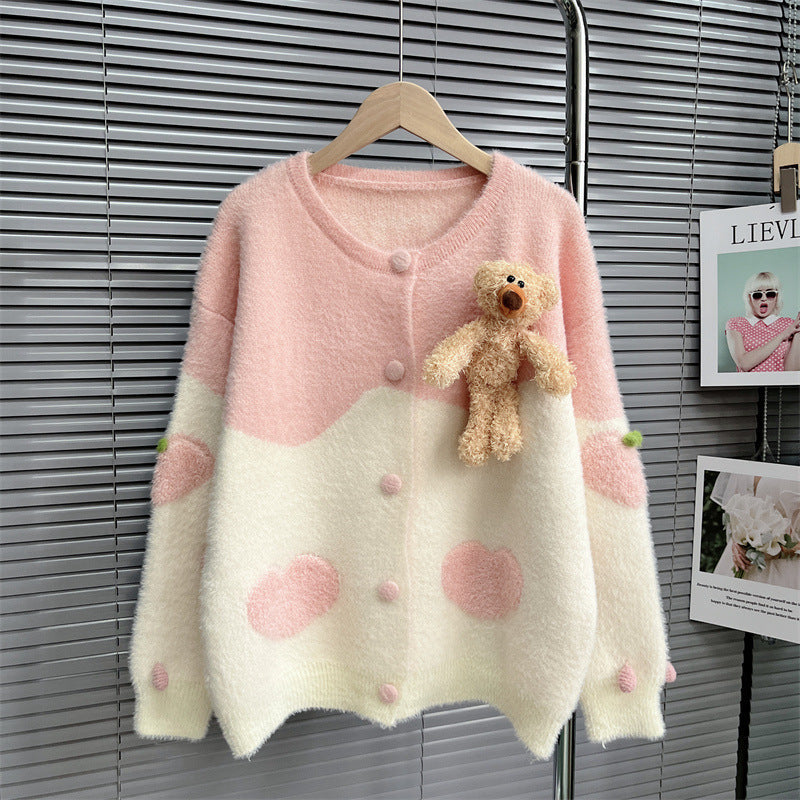 Mink-like Wool Knitted Cardigan Sweet Bear Embroidered Sweater Winter Coat