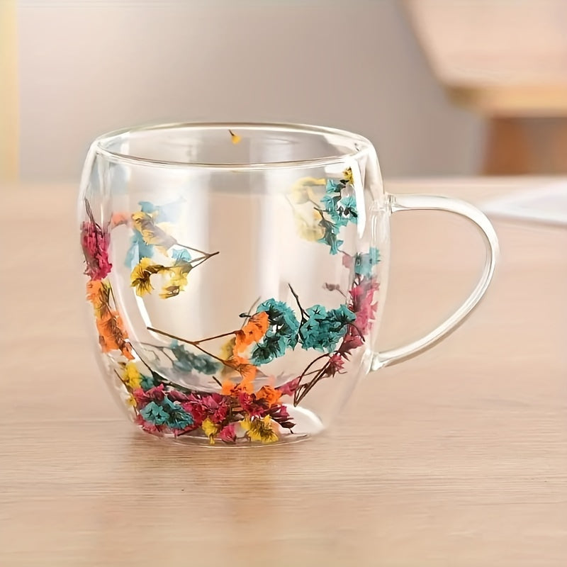 Floral Patterned Double-Walled Glass Mug, High-Borosilicate, Hand-Wash Only, Reusable, Cone-Shaped, BPA-Free, Insulated, for Milk, Coffee, Tea, Home & Kitchen Use, Suitable for Christmas, Halloween, Easter, Hanukkah, Thanksgiving