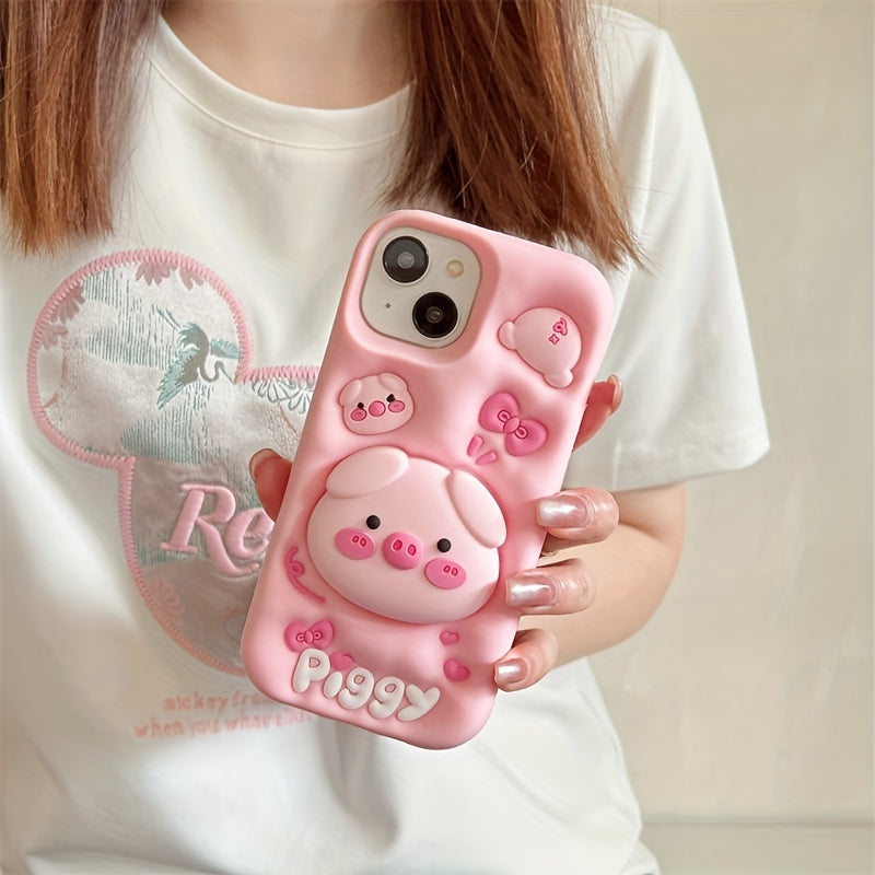 Custodia in silicone con design di maialino 3D per iPhone, con stand e protezione morbida, compatibile con modelli Apple.