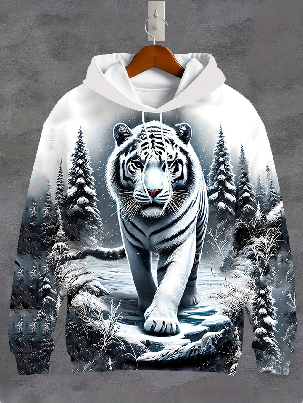 Felpa con cappuccio da uomo Valstrend, stampa 3D tigre bianca e jacquard, tasca a marsupio, moda sportiva primavera e autunno