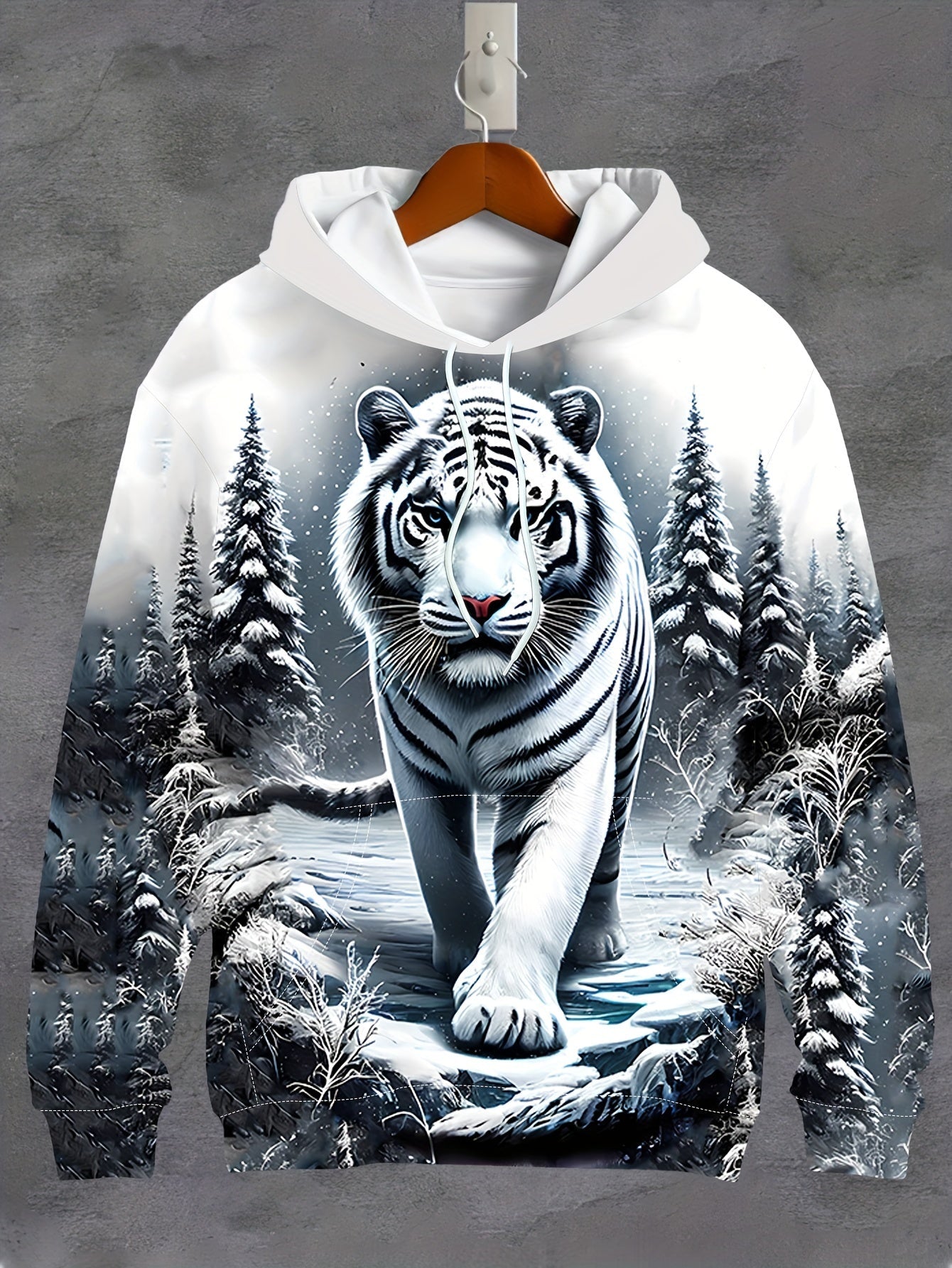 Felpa con cappuccio da uomo Valstrend, stampa 3D tigre bianca e jacquard, tasca a marsupio, moda sportiva primavera e autunno