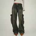Retro Distressed Workwear Denim Women's Minority All-match High Waist Loose Wide Legs Trousers