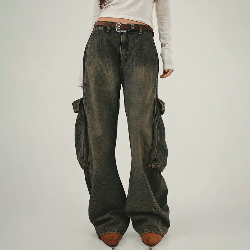Retro Distressed Workwear Denim Women's Minority All-match High Waist Loose Wide Legs Trousers
