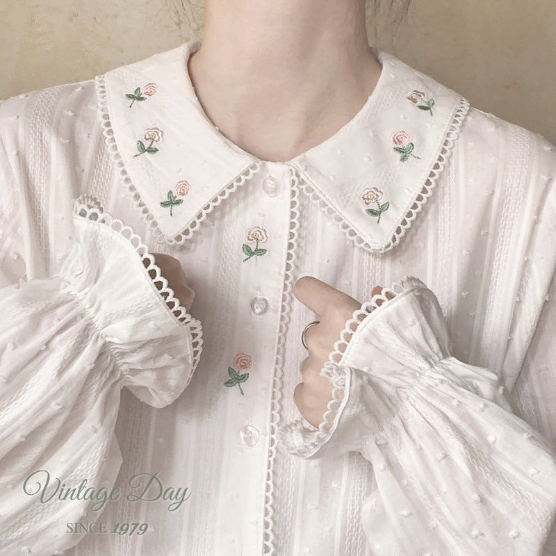 Autumn Winter Retro Girl Embroidery Loose Mori Doll Collar Shirt
