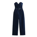 Salopette donna in jeans stile europeo e americano con top a tubo e cintura, marchio Valstrend, vista frontale.
