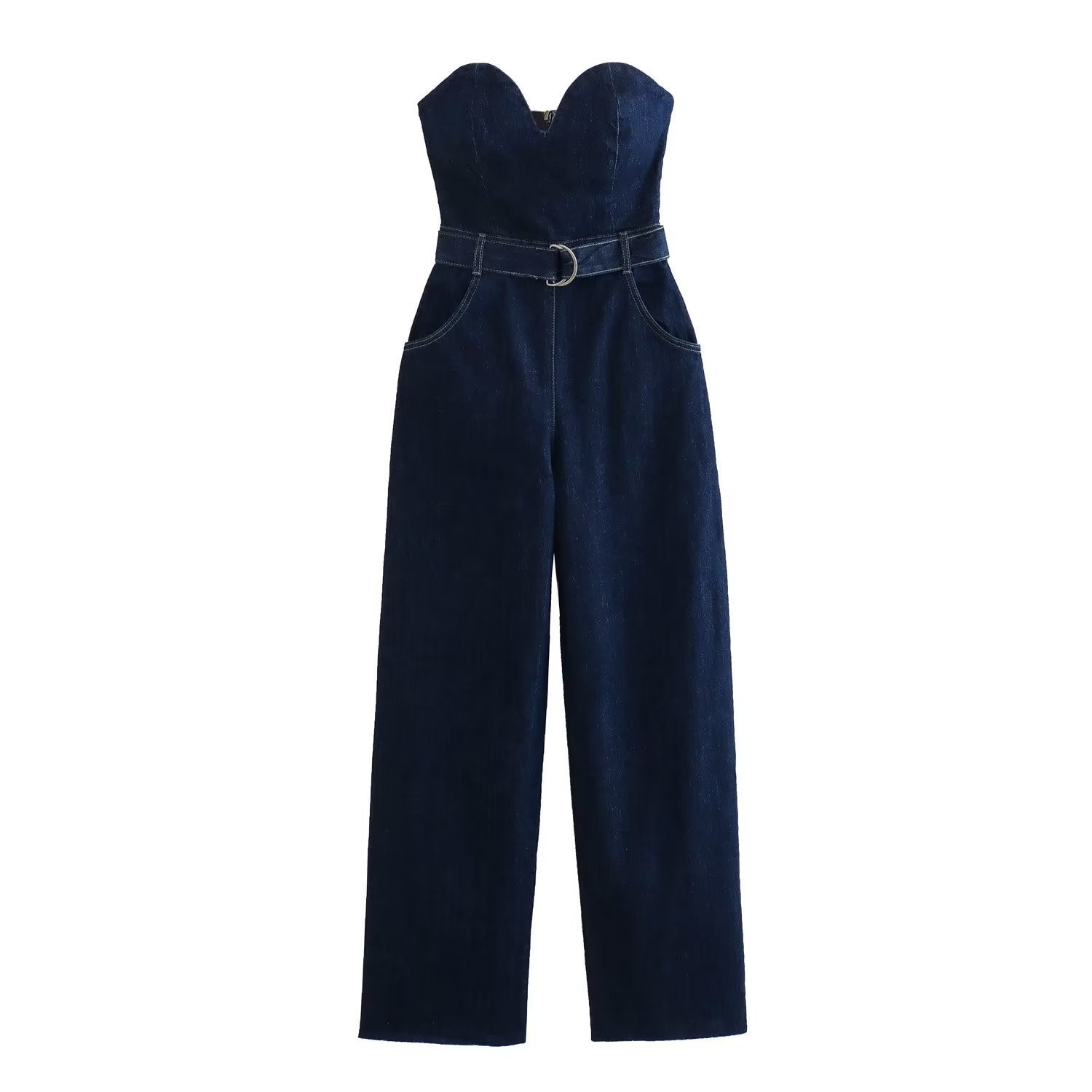 Salopette donna in jeans stile europeo e americano con top a tubo e cintura, marchio Valstrend, vista frontale.