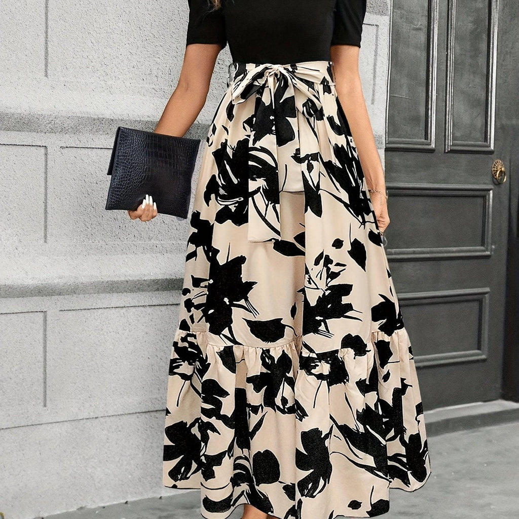 Floral Print Crew Neck Dress, Elegant Short Sleeve Tie Waist A-line Ankle Length Dress For Spring & Summer, Women's Clothing
