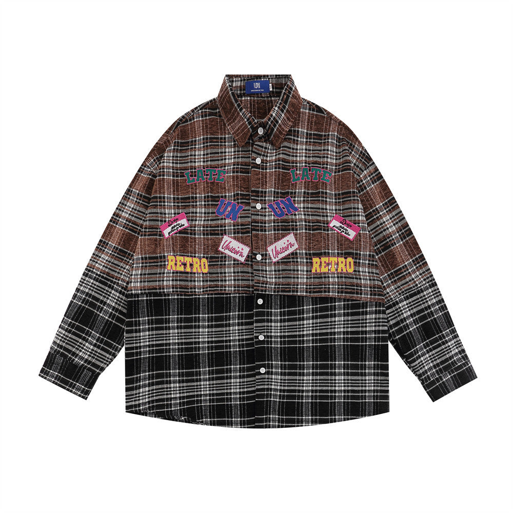 Plaid Coat Women's Spring And Autumn High Street Fashionable Design Stitching Embroidered Letter Long Sleeve Shirt
