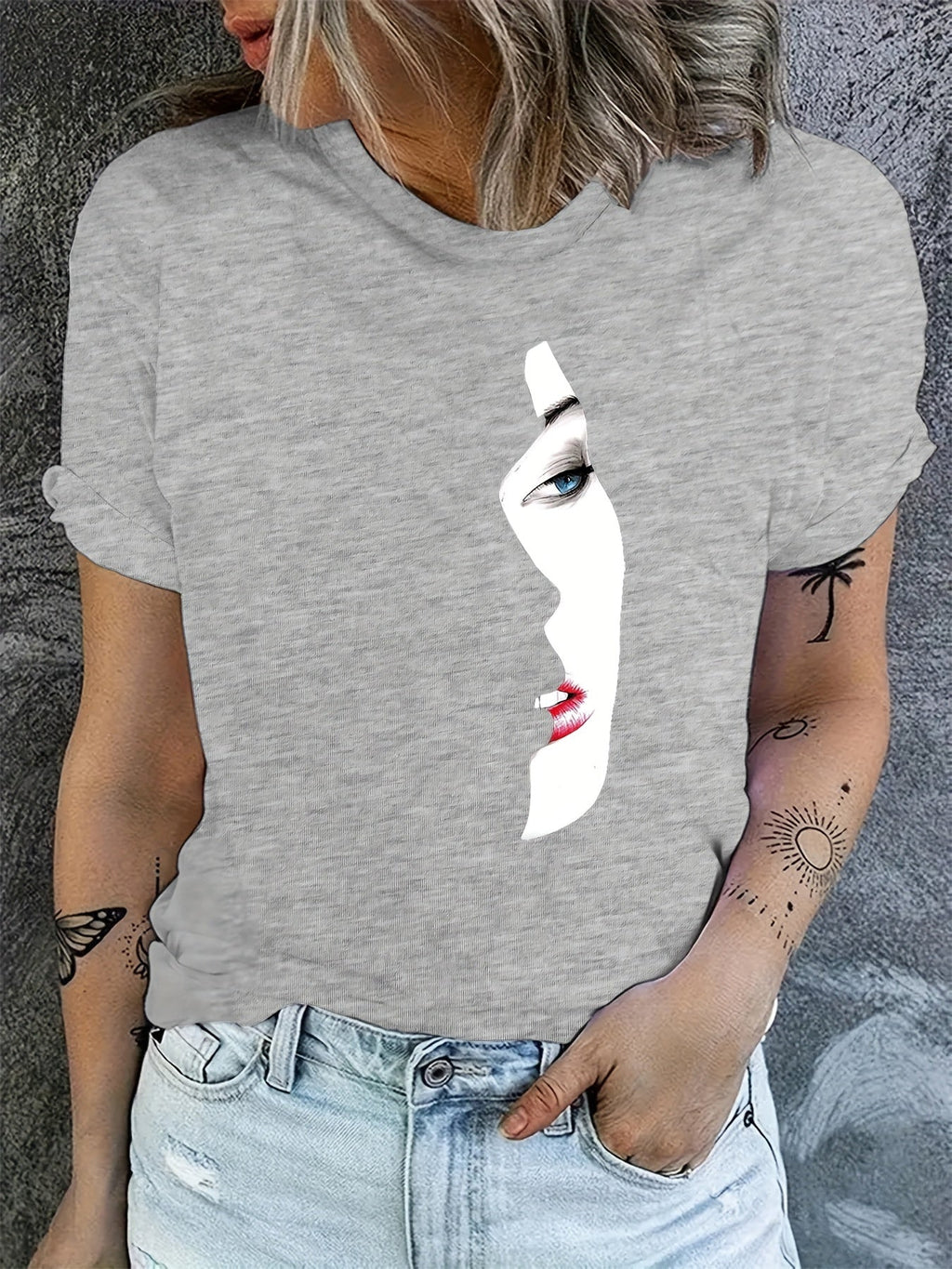 Maglietta donna Valstrend con stampa grafica, maniche corte, collo rotondo, perfetta per primavera ed estate, abbigliamento casual