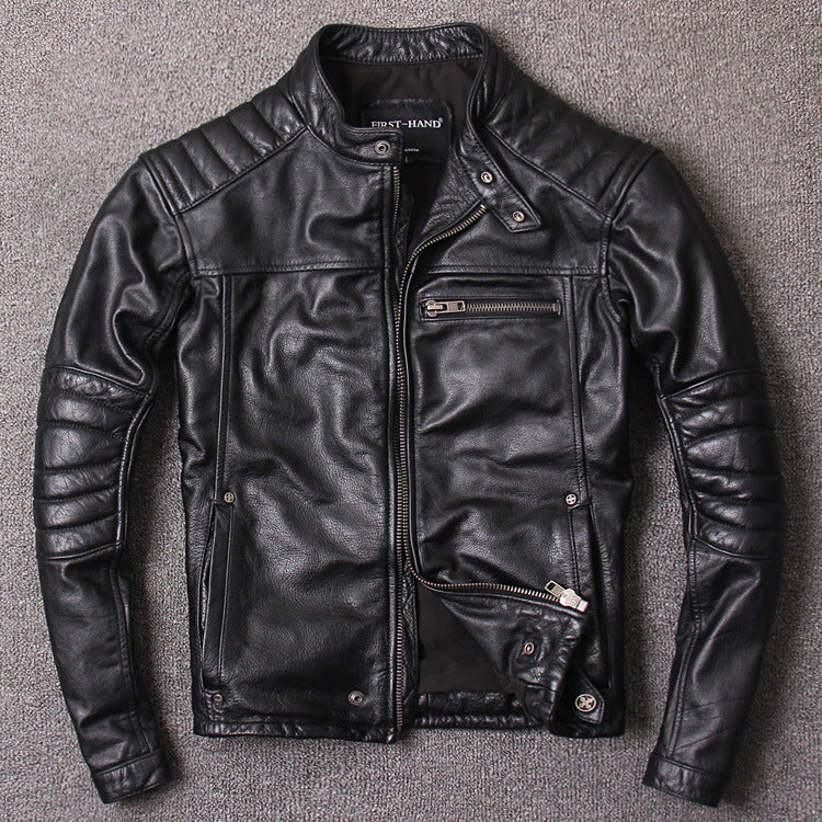 Giacca in pelle slim fit con colletto alla coreana e stile trendy, uomo, marca Valstrend shop.