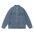 Giacca in denim Valstrend con ricamo di lettere stile American High Street, moda casual, dettagli di cuciture visibili.