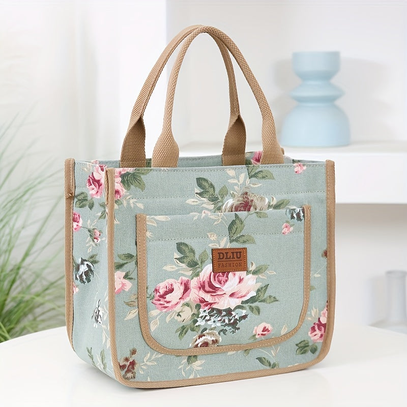 Floral Print Canvas Tote Bag With Thickened Material, Perfect For Commuting, Zipper Closure, Shoulder Bag