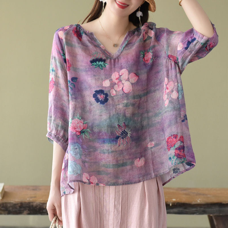 Digital Printing Plus Size Artistic Loose V-neck Shirt
