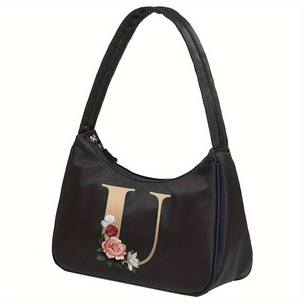 Floral Letter Print Shoulder Bag, Fashion Nylon Underarm Bag, Women's Zipper Handbag & Purse