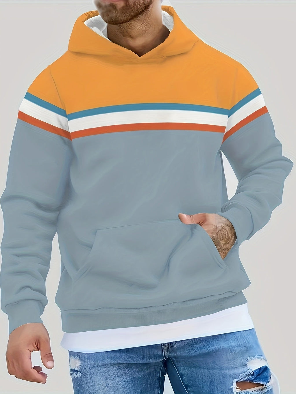 Felpa casual da uomo Valstrend con blocchi di colore, cappuccio, tasca anteriore e vestibilità regolare in tessuto poliestere elasticizzato