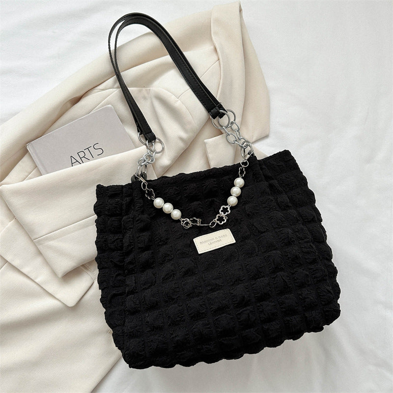 Borsa a spalla semplice con pieghe, valigetta femminile, tracolla da pendolo, in tessuto resistente, colore neutro.