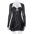 Winter New Mesh Long Sleeve Blouse Plaid Lace Vest Skirt Suit Women