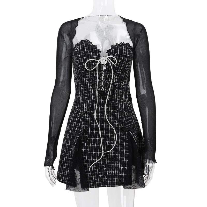 Winter New Mesh Long Sleeve Blouse Plaid Lace Vest Skirt Suit Women