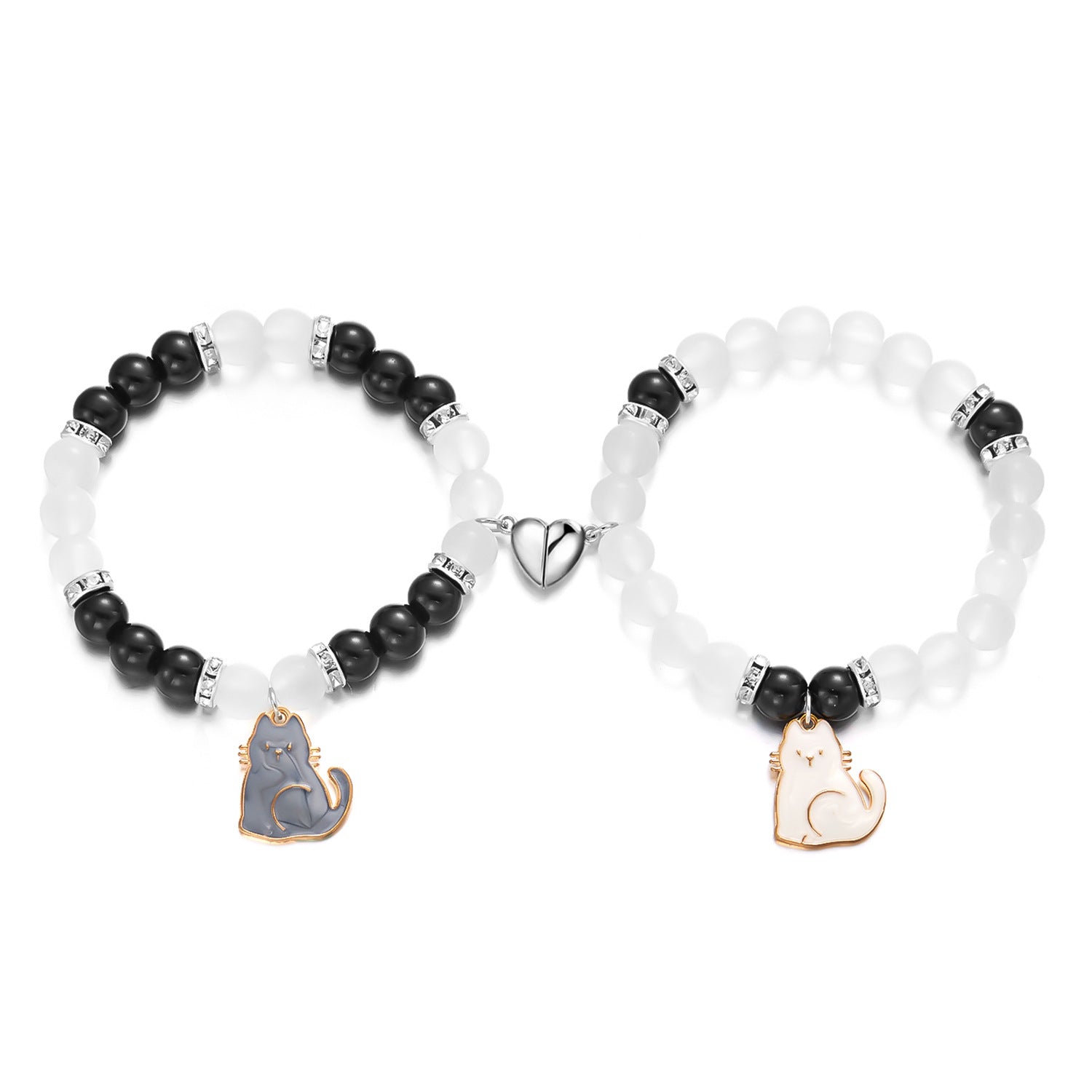 Braccialetto nero e bianco con gatti e cuore magnetico, bracciale alla moda Valstrend per amanti dei gatti e stile elegante