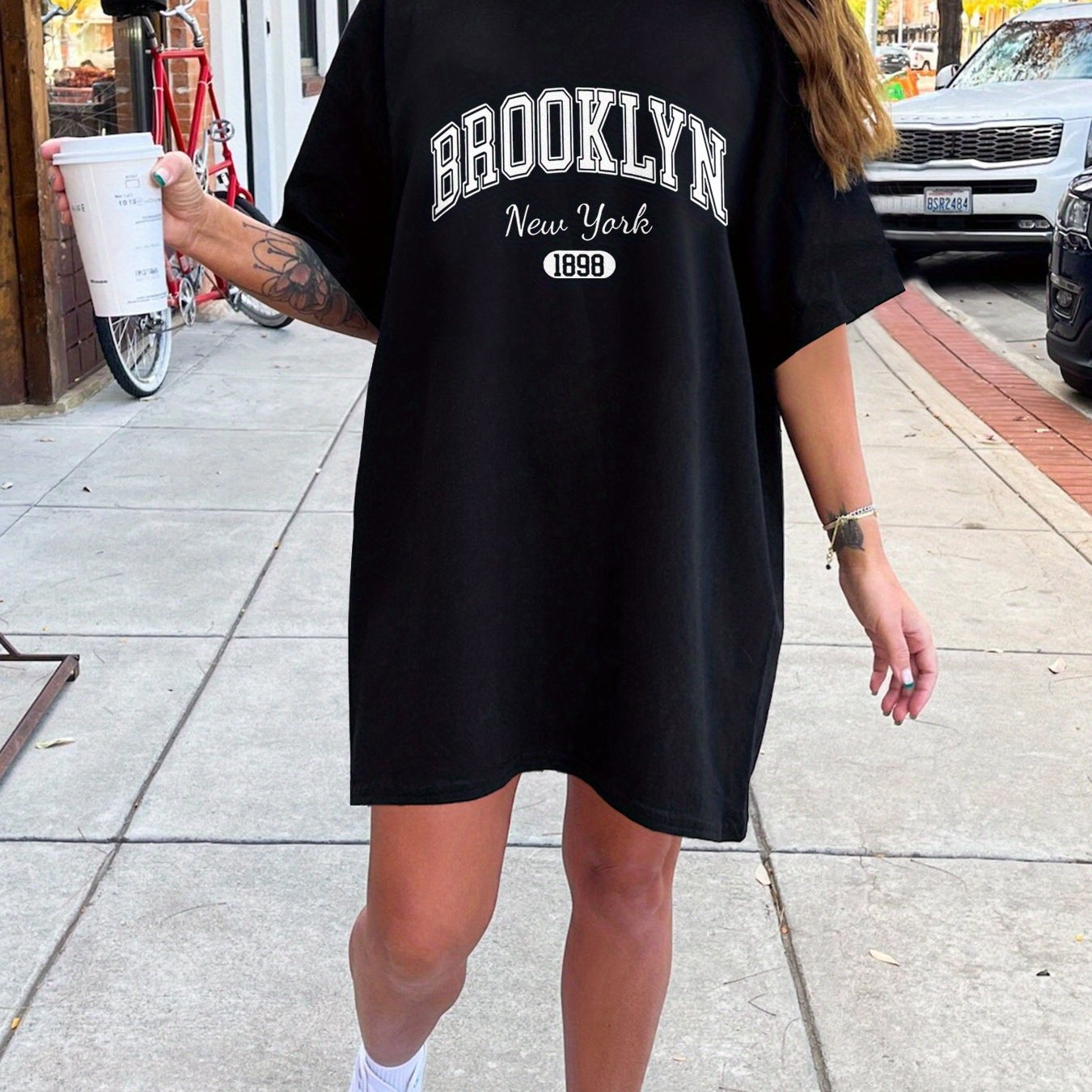 Brooklyn Print Crew Neck Tee Dress, Casual Short Sleeve Dress For Spring & Summer, Women's Clothing
