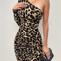 Leopard Print Bodycon Asymmetrical Neck Mini Dress, Elegant One Shoulder Long Sleeve Dress For Spring & Fall, Women's Clothing