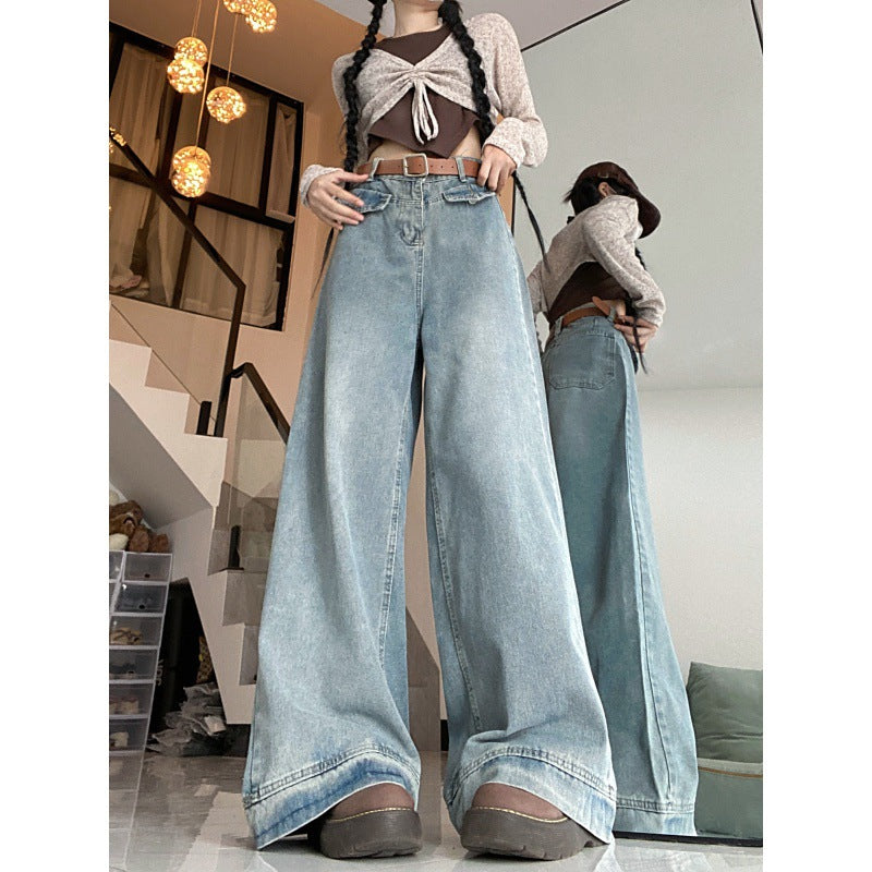 Denim Straight-leg Pants High Waist Loose And Slimming Drape Mop Wide Leg Pants