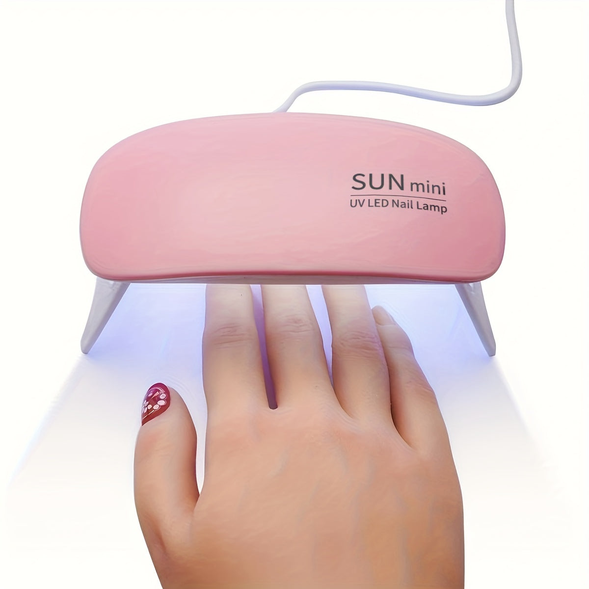 Asciugacapsule LED UV compatta rosa e bianca a forma di mini mouse, portatile e pieghevole per unghie gel, con porta USB.