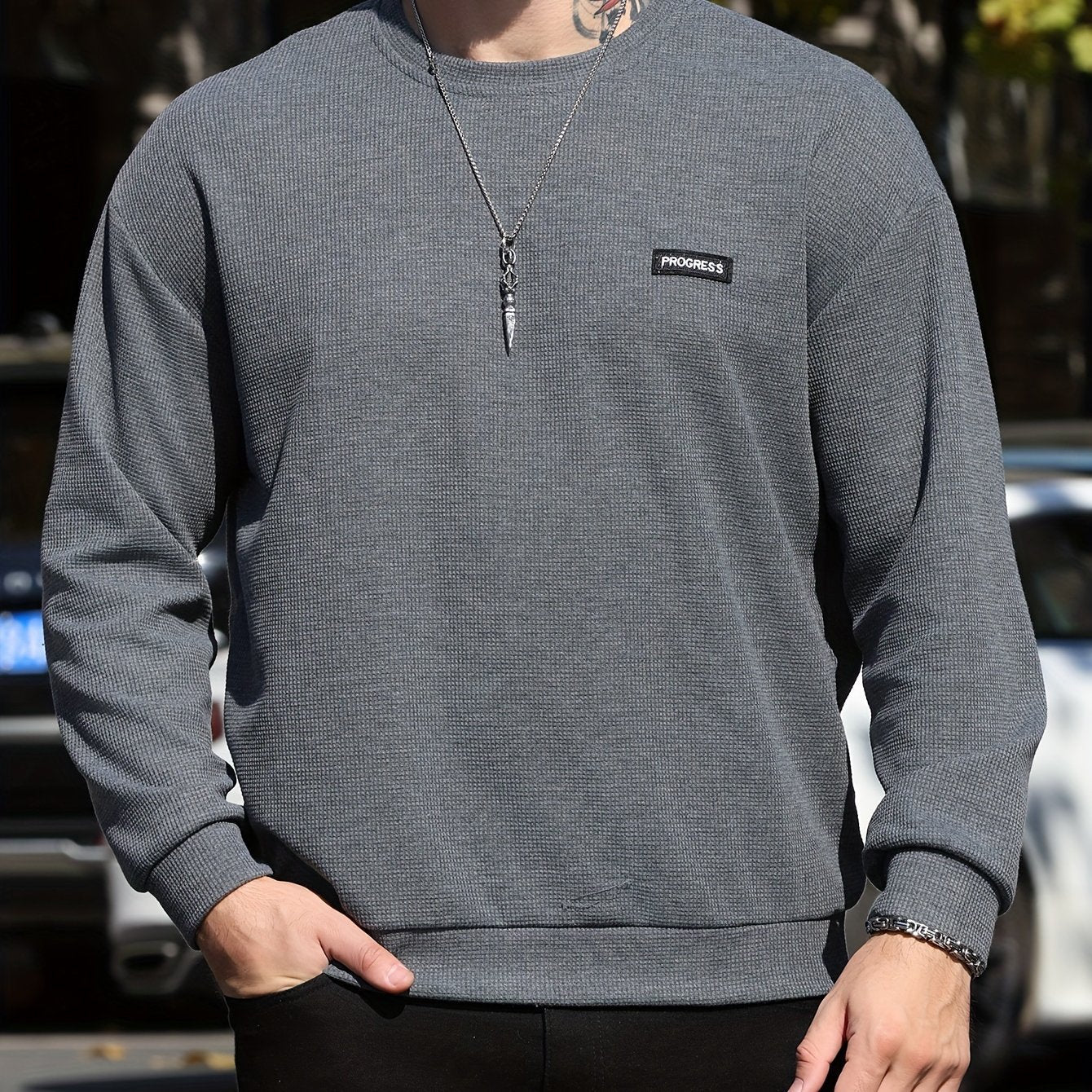 Felpa uomo Valstrend Progress Print, manica lunga e collo rotondo, stile casual e slim-fit, tessuto traspirante per outdoor.