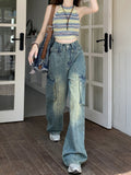 Jeans donna Valstrend slim fit a vita alta, a gamba larga, stile retrò americano, pantaloni da lavoro ampi e snelli.