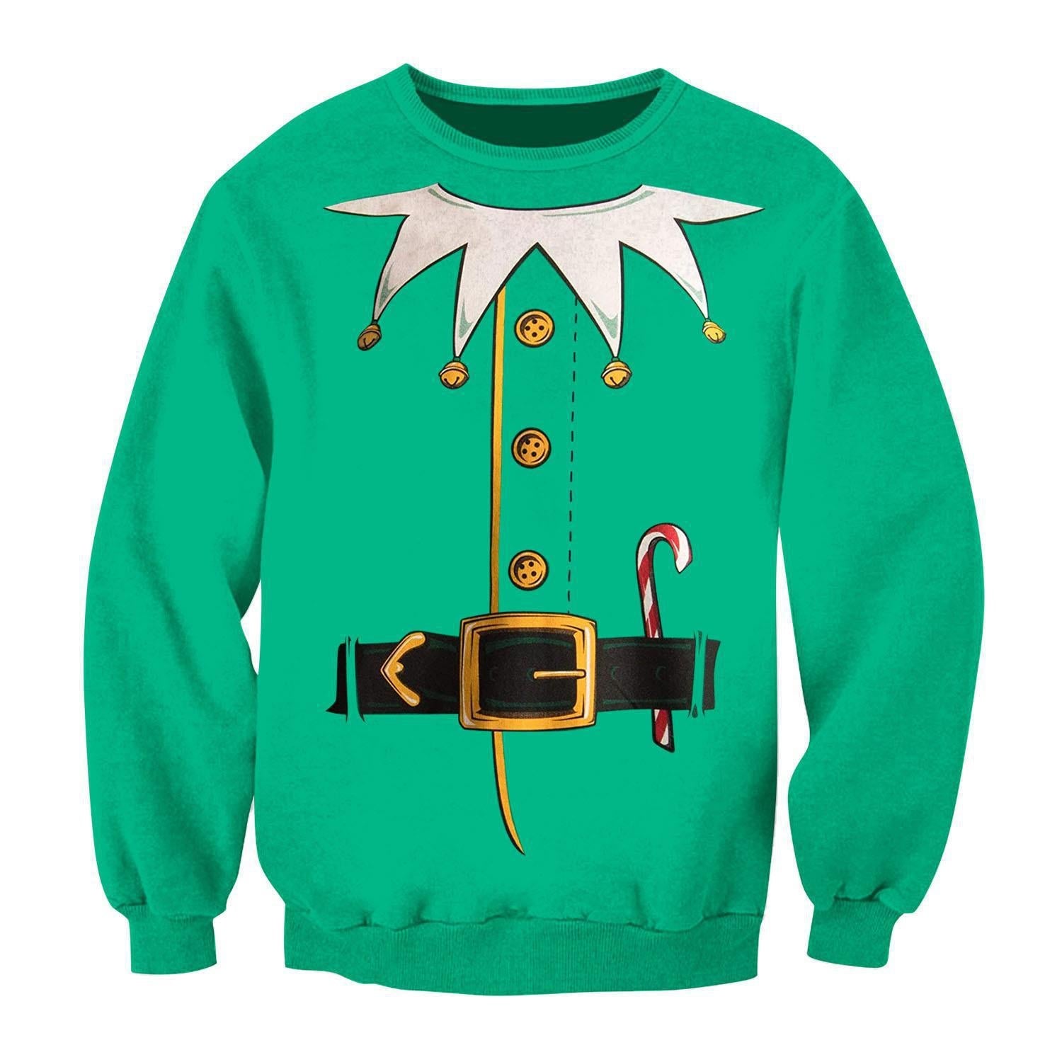 Maglione natalizio trendy con collo rotondo Valstrend, maglia invernale colorata con motivo festivo, vista frontale.