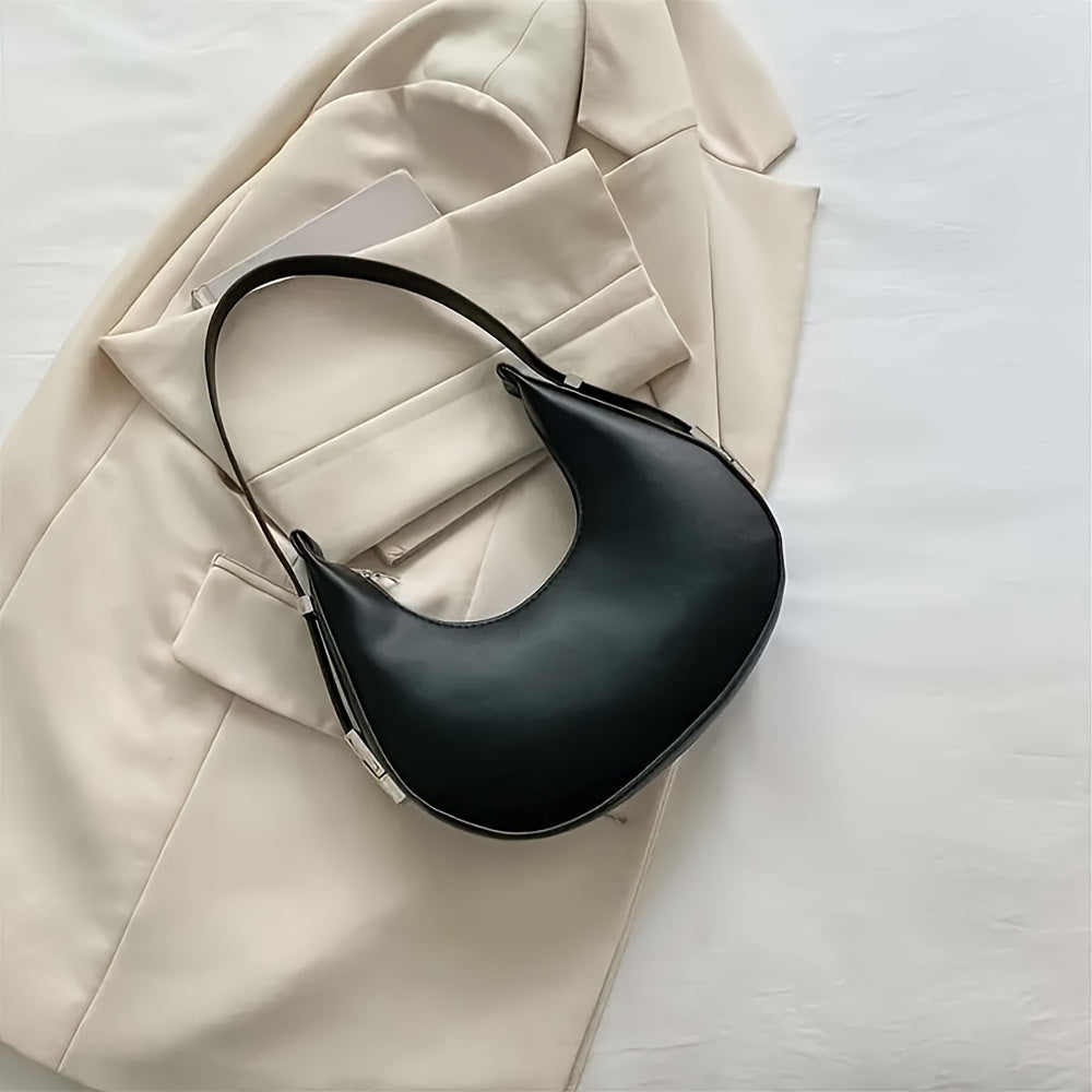 Women'S Fashion Crescent Moon Top-Handle Bag, Solid Color Faux Leather Shoulder Purse, Trendy Minimalist Design, with Zipper Closure, Polyester Lined, Edge Painted, for Daily Use, Ideal Gift - Available in Black & White