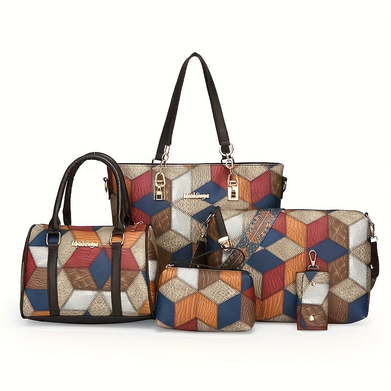Set di 5 borse tote in eco-pelle Valstrend, stile colorblock con zip sicuro, ideale per lavoro e tempo libero.