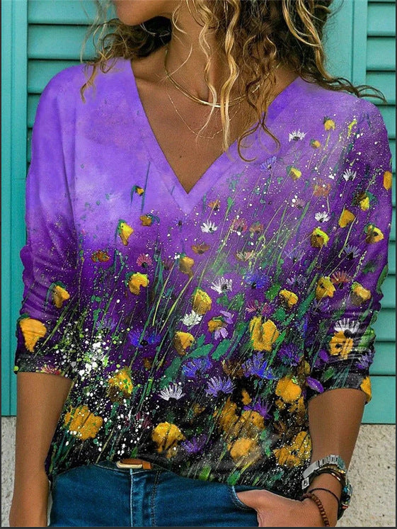 Top lungo con stampa farfalle 3D, maniche lunghe, scollo a V e vestibilità ampia, marca Valstrend.