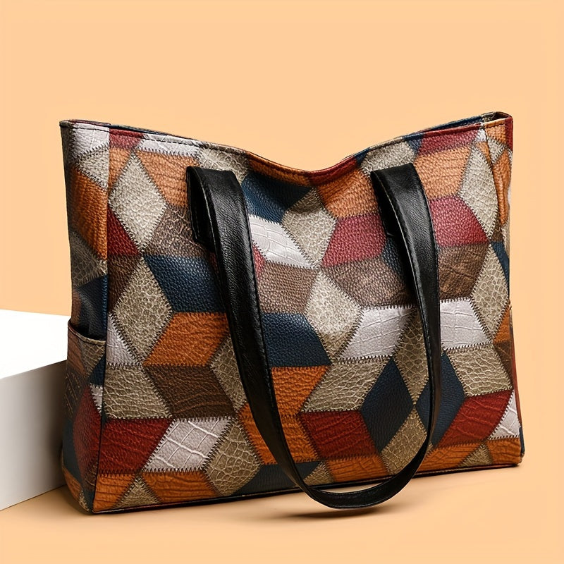 Borsa tote vintage da donna Valstrend con motivo a griglia, tracolla regolabile e chiusura a zip, stile retrò elegante.