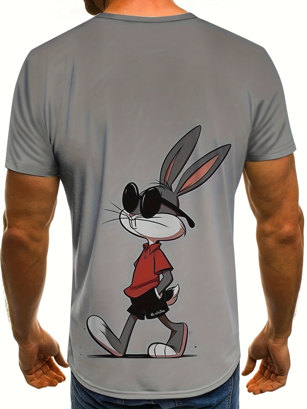 T-shirt casual da uomo Valstrend con stampa 3D di coniglio, maniche corte, collo rotondo, tessuto elasticizzato in poliestere.
