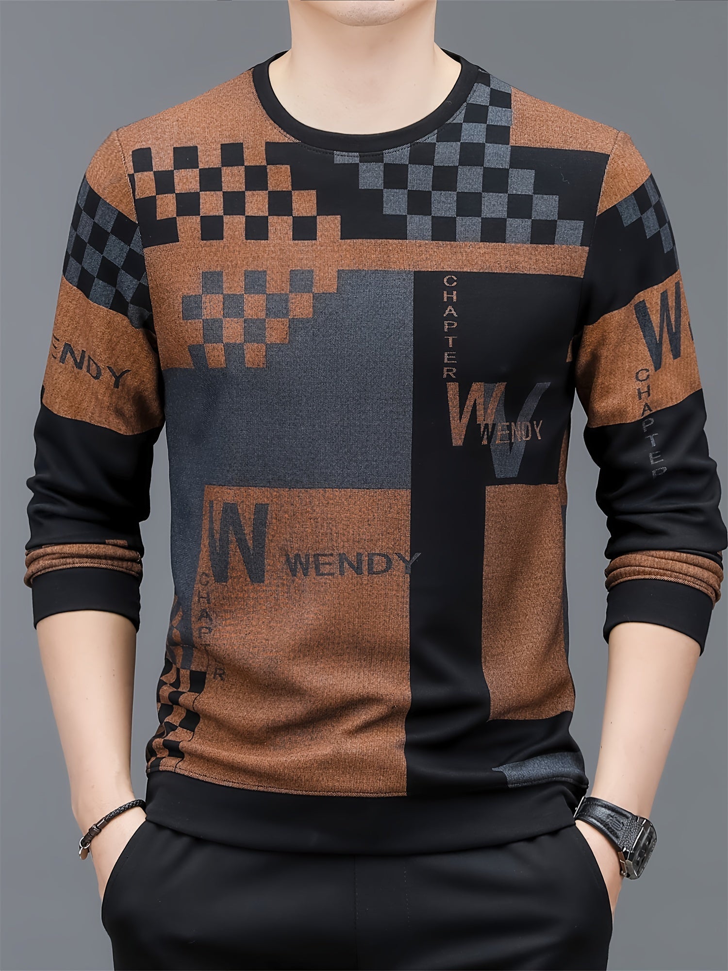 Maglione casual a maniche lunghe in misto rayon con motivo plaid e lettere, adatto a look informali, lavabile in lavatrice.