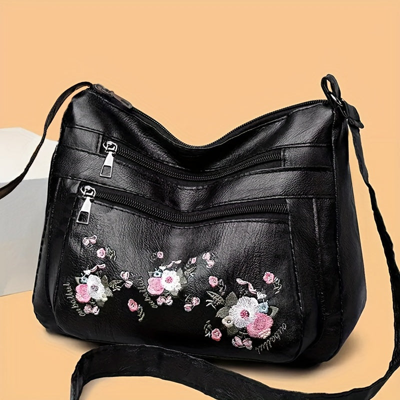 Shoulder Bag With Embroidered Design, Polyester Lining, Zipper Closure, Casual Bag With Adjustable Strap For Women